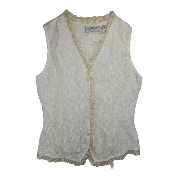 Vintage Ivory Lace Vest Size M David Hollis Collection Lined Tie Back - Picture 1 of 10